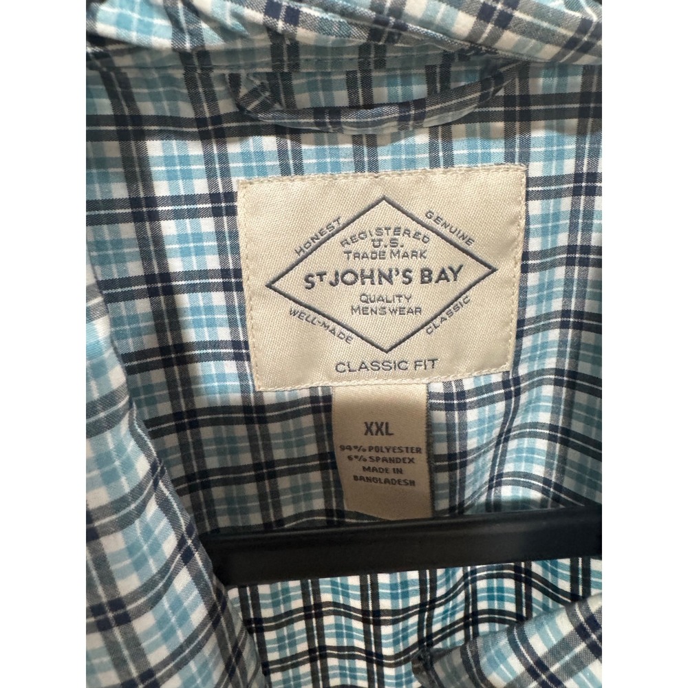 St Johns Bay Mens XXL Blue White Plaid Short Sleeve Button Down Shirt Classi Fit